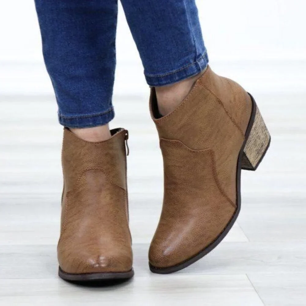 Ankle Boots Cowgirl Block Heel Pointed Toe Low Shaft Brown Faux Leather Zipper - Picture 2 of 15